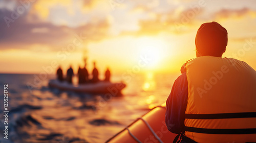 Seaman wearing safety gear resting on lifeboat, gazing toward distant dinghy against golden sunset, maritime rescue scene unfolding across vast oceanic horizon
