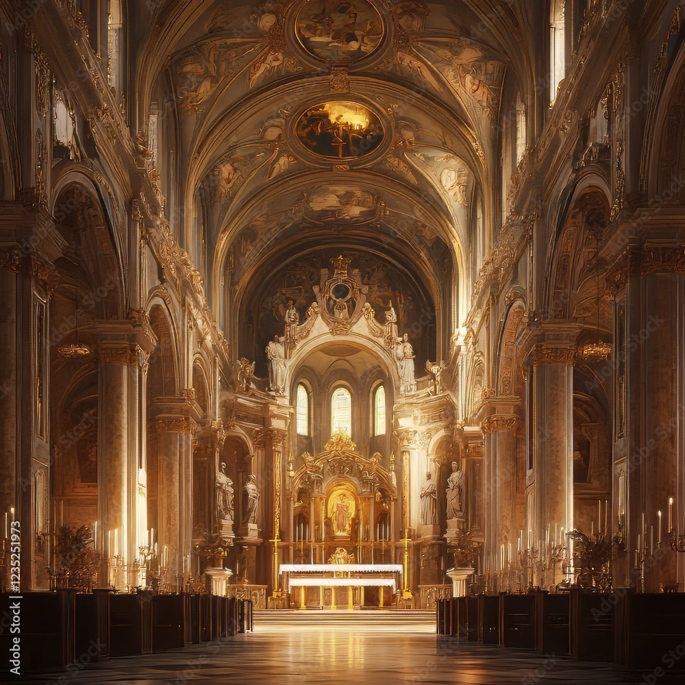 Fototapeta premium Ornate church interior, golden light