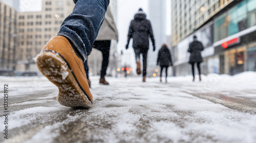 Low angle view of pedestrian walking on a slushy, snow-covered city sidewalk with blurred commuters in the background, creating an urban winter scene photo