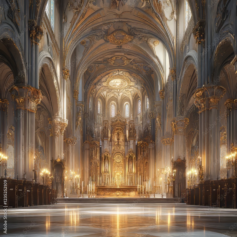 Fototapeta premium Golden-lit cathedral interior