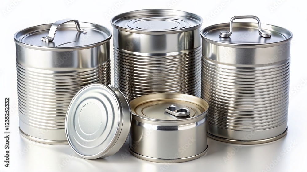 Aluminum Canister Jars with Pull Ring and Open Lid for Food Storage Isolated on White 3D Realistic Icon Set Aluminum Canister Jars with Pull Ring and Open Lid for Food Storage Isolated on White 3D Realistic Icon Set