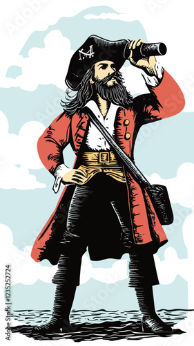 Pirate Captain Using Spyglass on Ship Vector Art Ideal for Adventure Themes