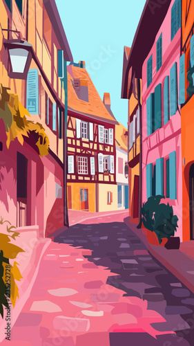 Colorful Colmar Village Street View in Alsace, France - Minimalist Vector Art Landscape