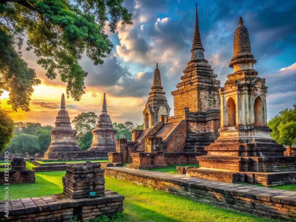 Fototapeta premium Ancient Sukhothai Temple Ruins at Sunrise, Thailand - Historical Landmark Stock Photo