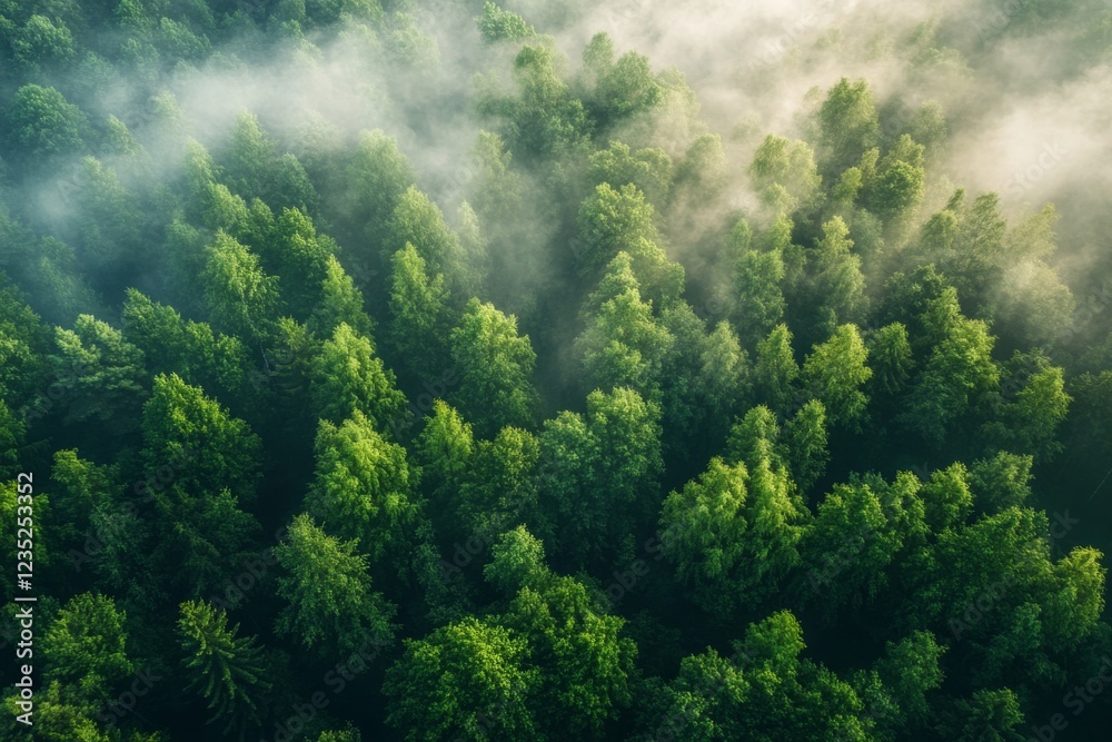 Dense trees enveloped in soft fog create a serene atmosphere at dawn. Generative AI Dense trees enveloped in soft fog create a serene atmosphere at dawn. Generative AI
