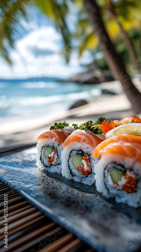 Closeup of fresh salmon sushi rolls served on a gray plate beach and palm trees in the background A luxurious tropical dining experience