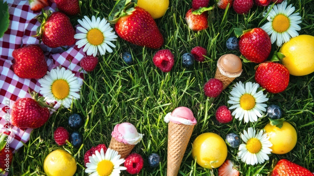 Summer picnic with ice cream strawberries and daisies Summer picnic with ice cream strawberries and daisies