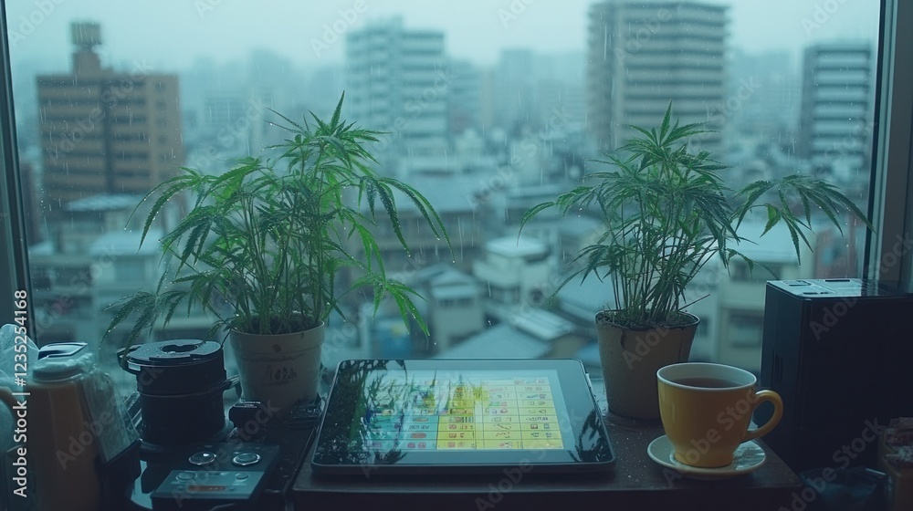 Fototapeta premium Urban indoor scene with plants, tablet, and tea overlooking city