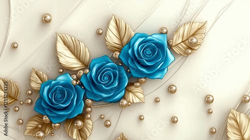 Elegant blue roses with golden leaves and pearls on a soft beige background