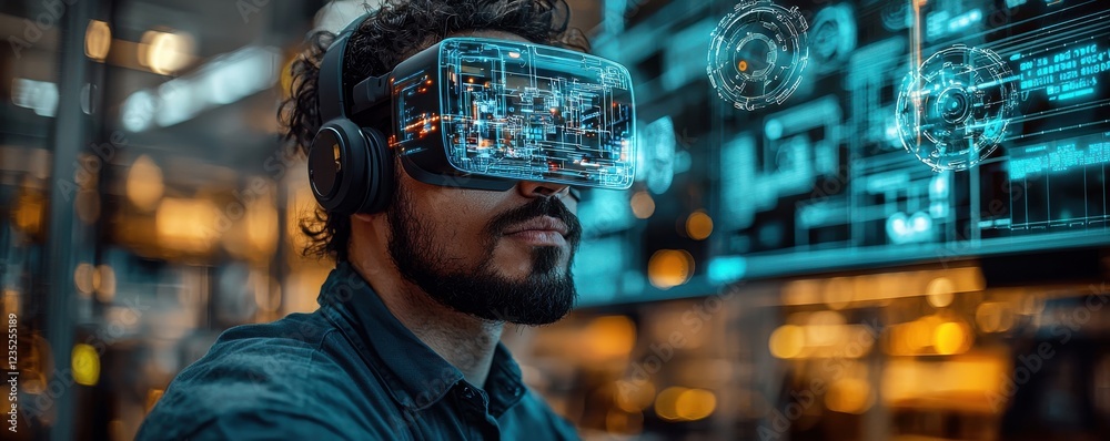 Engineer utilizing augmented reality technology in a modern industrial facility Engineer utilizing augmented reality technology in a modern industrial facility