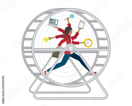 Woman multitasking, running in hamsterwheel. Demands and the way to burnout and exhaustion. Isolated. Vector illustration.