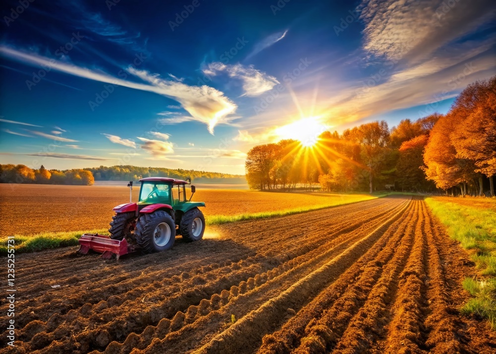 Obraz premium Autumn Field Plowing: Tractor Cultivating Soil for Winter Crops