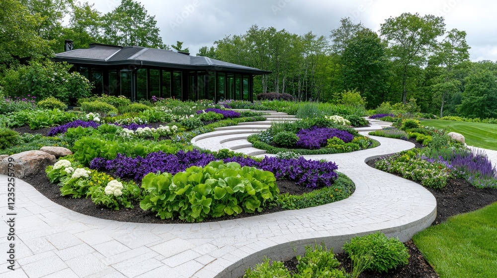 Naklejka premium Serpentine garden path, modern pavilion, lush blooms, tranquil landscape, ideal for relaxation