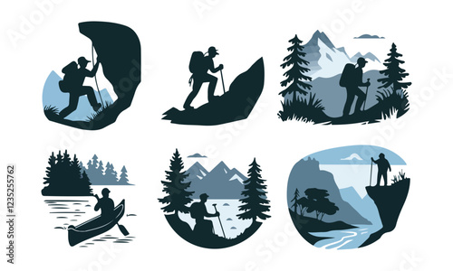 Vector Adventure Icons Hiking, Canoeing, and Climbing in Scenic Landscapes