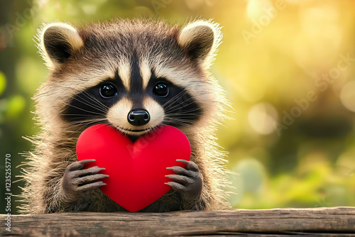 Cute little raccoon, backlit by sun, holding a red heart in his paws. Valentine's Day theme.