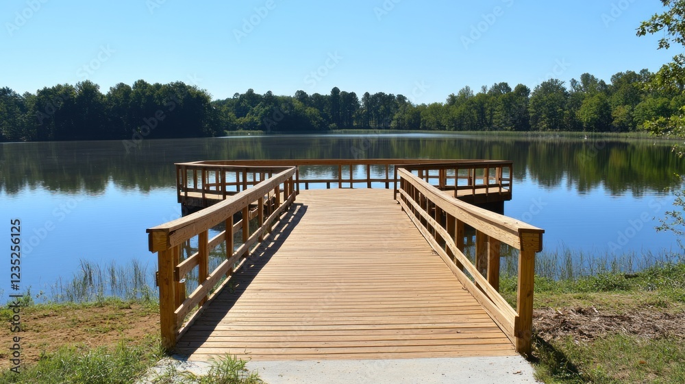 Wooden Dock Extending Over Calm Lake Water Wooden Dock Extending Over Calm Lake Water