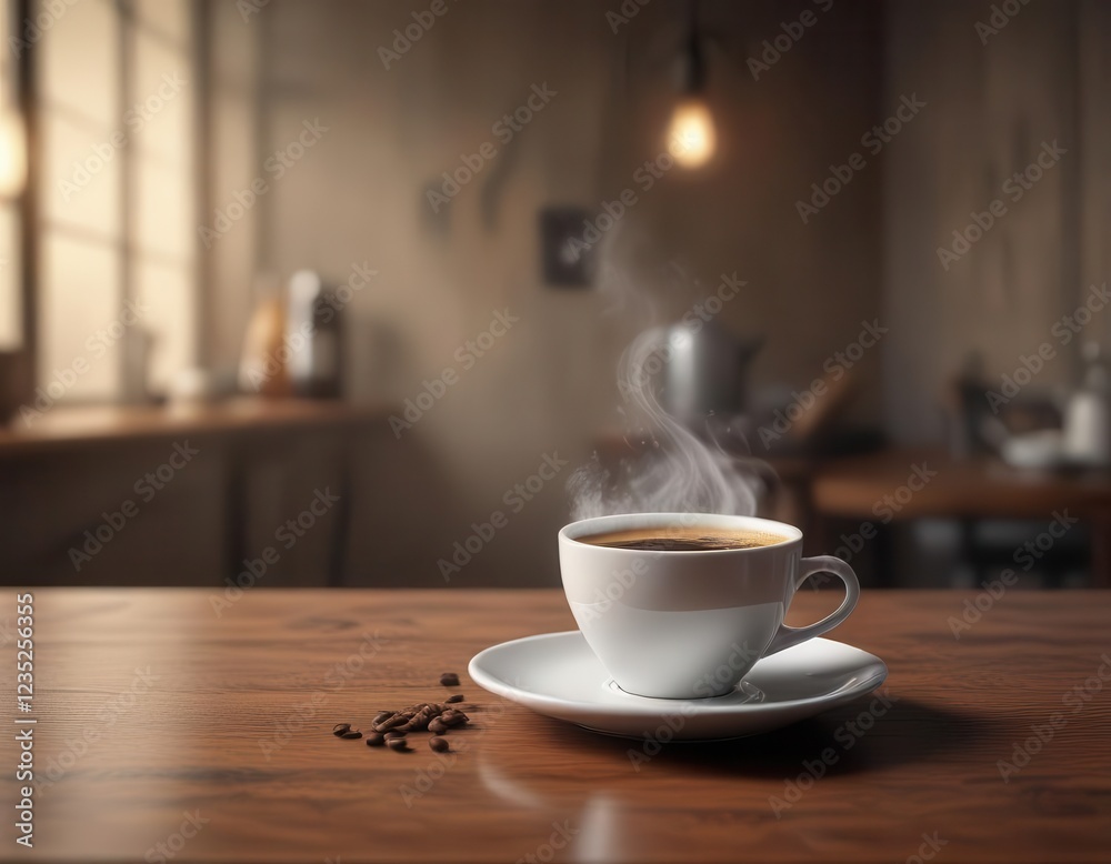 Flat design of a steaming cup of coffee on a table, flat design, illustration Flat design of a steaming cup of coffee on a table, flat design, illustration