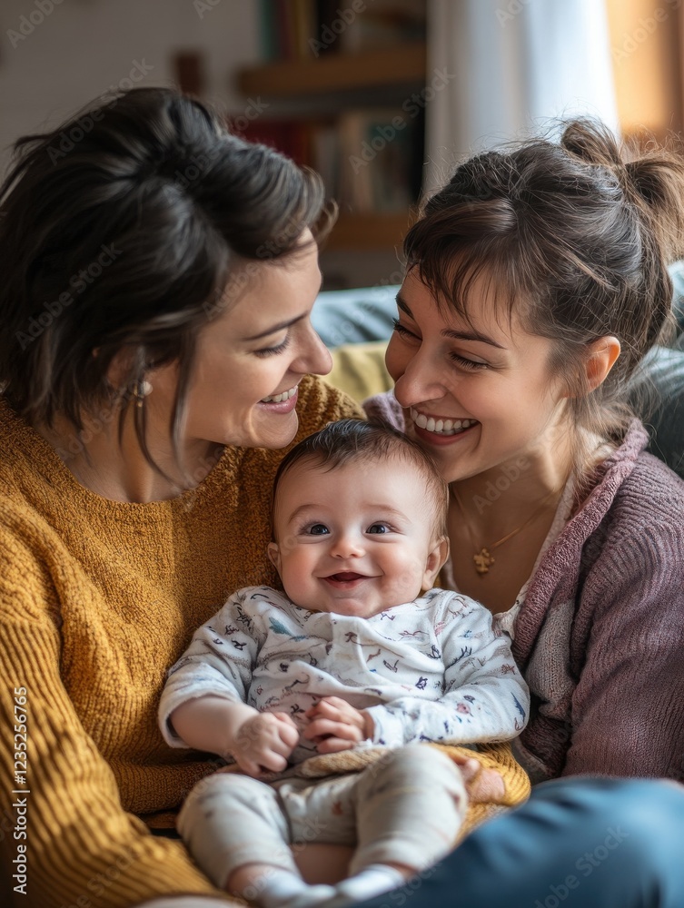Mothers gay couple having fun with their baby son at home - Family, lgbt and love concept - Main focus on right mother eye Mothers gay couple having fun with their baby son at home - Family, lgbt and love concept - Main focus on right mother eye