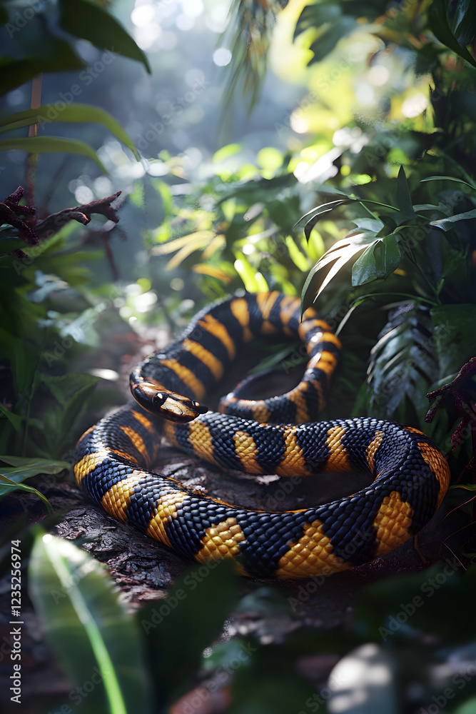 Fototapeta premium Elegant Krait: The Mesmerizing Contrast of Black and Yellow in the Heart of the Forest