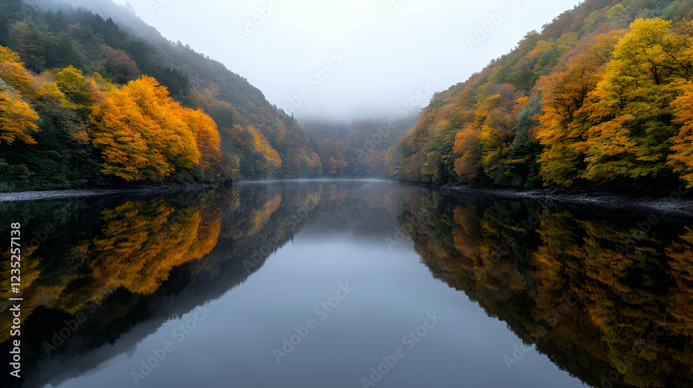 Autumnal lake reflection, misty valley, colorful trees, serene landscape, nature wallpaper Autumnal lake reflection, misty valley, colorful trees, serene landscape, nature wallpaper