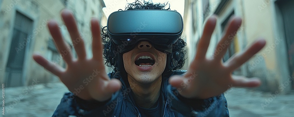 Joyful person experiencing virtual reality outdoors with immersive VR headset