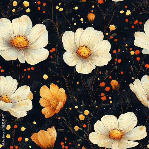 Stunning Floral Pattern with White and Orange Flowers