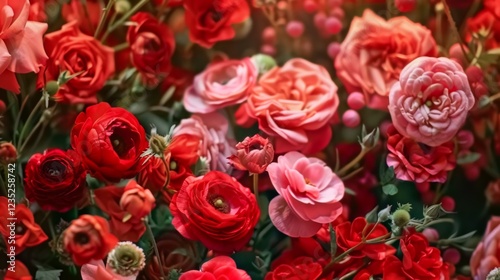 Red floral background, summer and fall fresh flowers wall