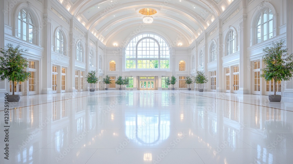 Obraz premium Grand building lobby, bright interior, entrance, plants, reflective floor