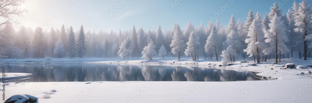 Frosty landscape with snow-covered trees and frozen lake, winter, frozen Frosty landscape with snow-covered trees and frozen lake, winter, frozen
