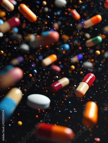 Abstract color pills on black background. Medicine and illness concept. 3D Rendering photo