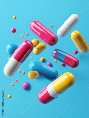 Abstract color pills on blue background. Medicine and illness concept. 3D Rendering photo