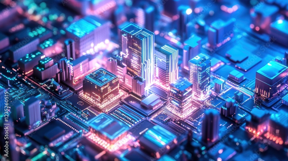 Futuristic Cityscape Integrated Within Circuitry Design Futuristic Cityscape Integrated Within Circuitry Design