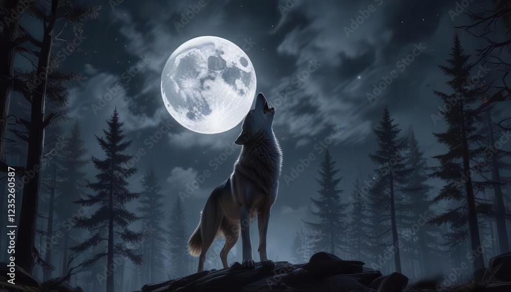 Full Moon Night Sky with Howling Wolf in Forest, dark sky, wolf Full Moon Night Sky with Howling Wolf in Forest, dark sky, wolf