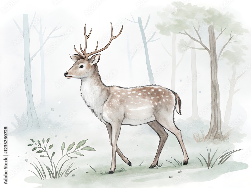 Fototapeta premium Elegant Fawn Deer in Misty Forest Watercolor Wildlife Art