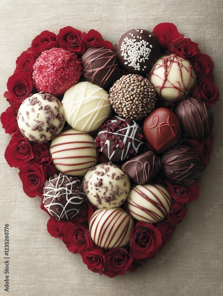 Fototapeta premium A heart-shaped box of assorted chocolates, with each piece beautifully detailed, surrounded by red rose petals, on a soft velvet fabric background