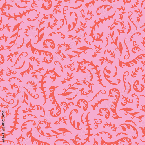 Abstract, pink botany seamless repeat pattern. Random placed, vector abstract herbs, grass, leaves aop, all over print.