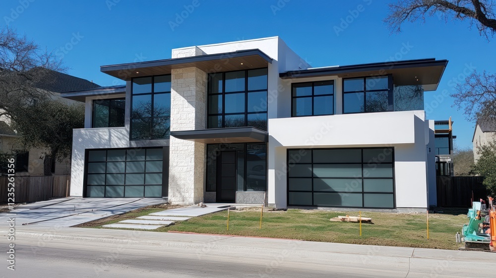Modern White House with Large Windows and Stone Accents Modern White House with Large Windows and Stone Accents