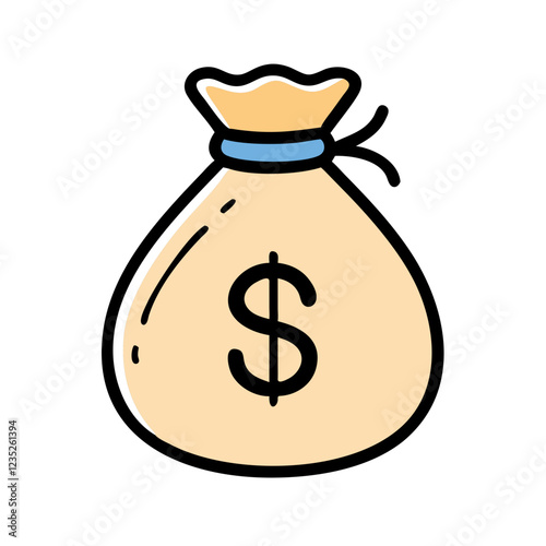 Money bag icon with blue and beige colors representing finance and wealth in a playful design