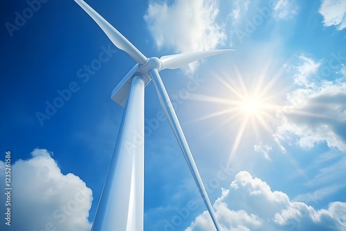 Close-up of white wind turbine blades against blue sky. High contrast and sharp detail