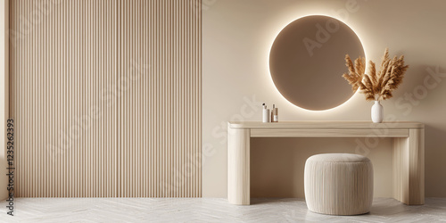 Dressing table for makeup in the interior of the room. Modern dressing table with a mirror with illumination