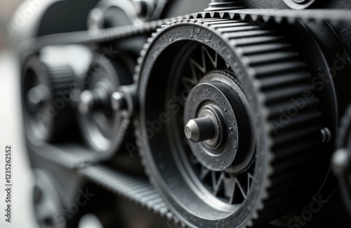 Close-up view of intricate gear mechanisms, timing belt in diesel engine electric generator. Precise metal components with rubber belt showcase industrial tech. Detailing demonstrates engineering