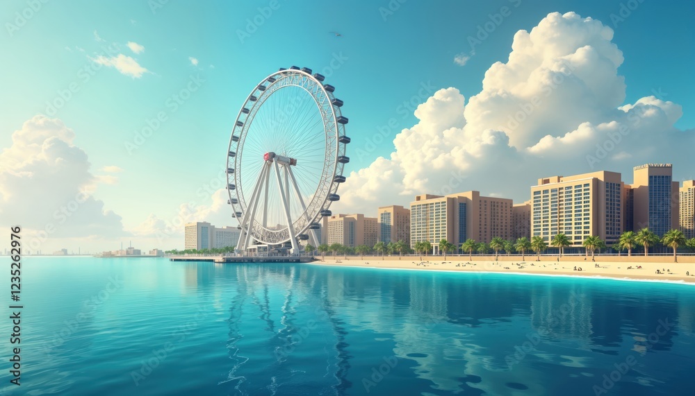 Obraz premium Scenic daytime view of Dubai cityscape, Ferris wheel. Calm ocean water meets sandy beach. High-rise buildings, palm trees line coast. People relax on beach. Beautiful panoramic view of modern