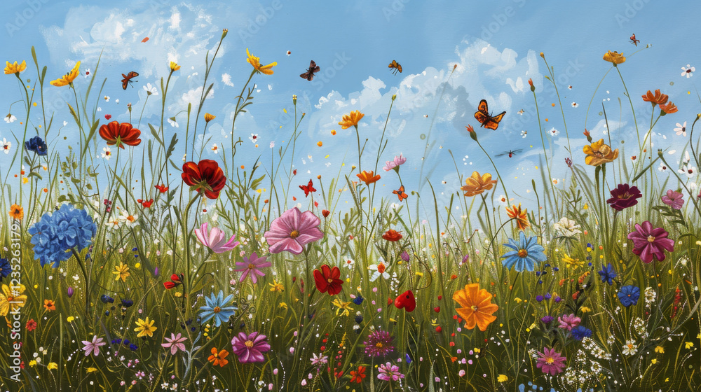 Fototapeta premium Wildflower Meadow in Spring: A field bursting with colorful flowers and buzzing insects.
