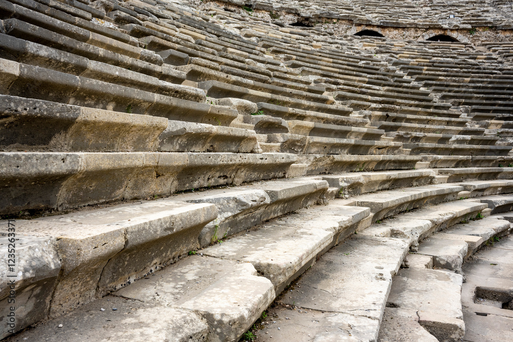 The Ancient City of Side. Port. Peninsula. Turkey. Manavgat. Antalya. The largest amphitheater in Turkey. The main street of the ancient city. Mediterranean Sea. The Ancient City of Side. Port. Peninsula. Turkey. Manavgat. Antalya. The largest amphitheater in Turkey. The main street of the ancient city. Mediterranean Sea.