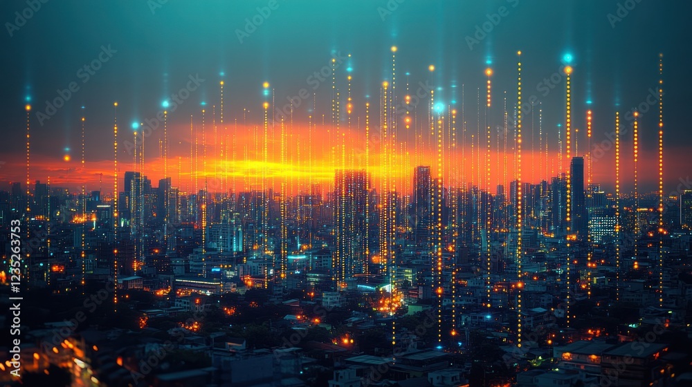 Fototapeta premium Cityscape Data Streams Sunset
