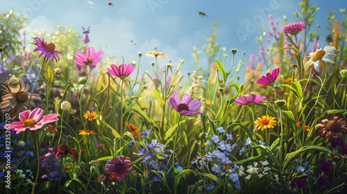 Wildflower Meadow in Spring: A field bursting with colorful flowers and buzzing insects. 