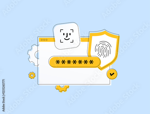 Biometric authentication methods. Facial recognition and fingerprint scanning for secure biometric authentication online access, representing advancements in digital security. Flat Vector illustration
