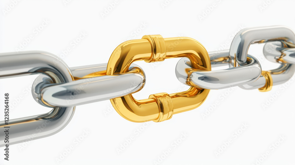 Fototapeta premium shiny chain with gold link among silver links, symbolizing strength and connection