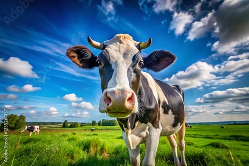 Cheerful Black and White Cow in a Blue Sky - Square Portrait