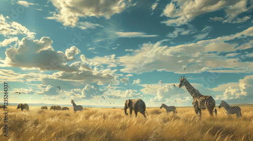 Wildlife in a Savanna: Animals like elephants, giraffes, and zebras roaming the grassy plains under an expansive sky. 